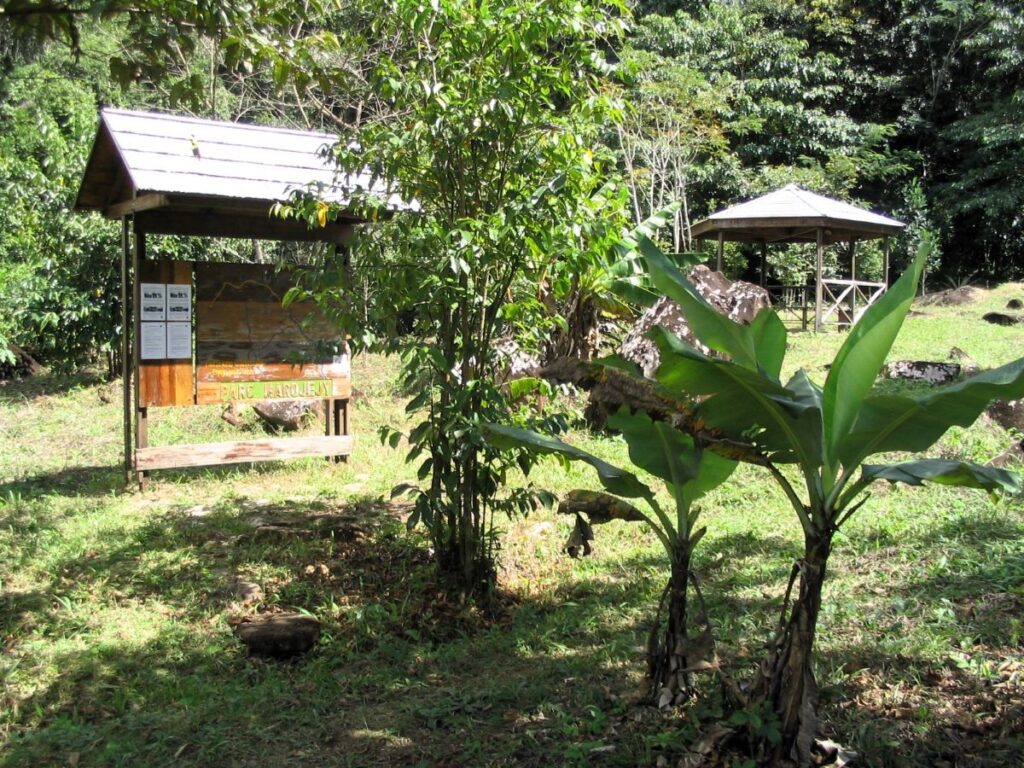 A large signboard reading "Parc Marojejy" and a hexagonal gazebo are in a grassy area surrounded by forest