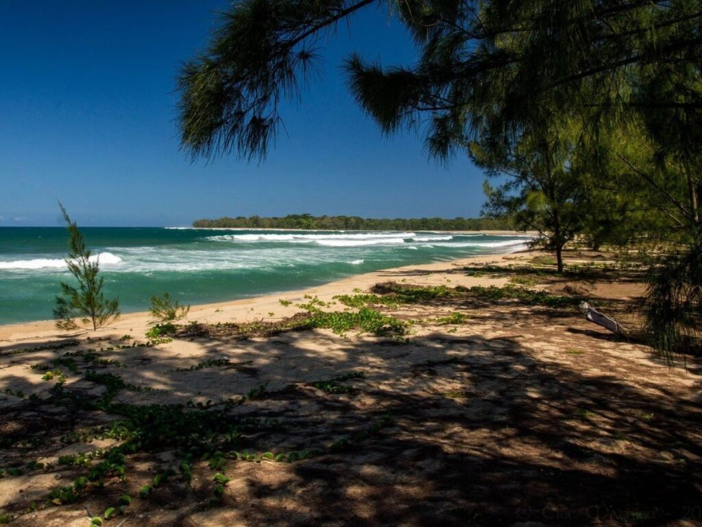 Lines of waves break against a sandy beach in a cove