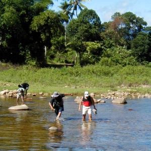 Wading across river