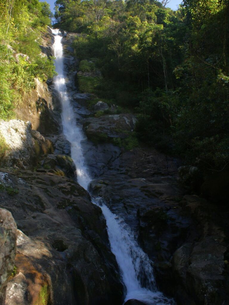 A high, thin, white waterfall cascades down a rocky cliff face. Lush, green forest lines either side of the waterfall.