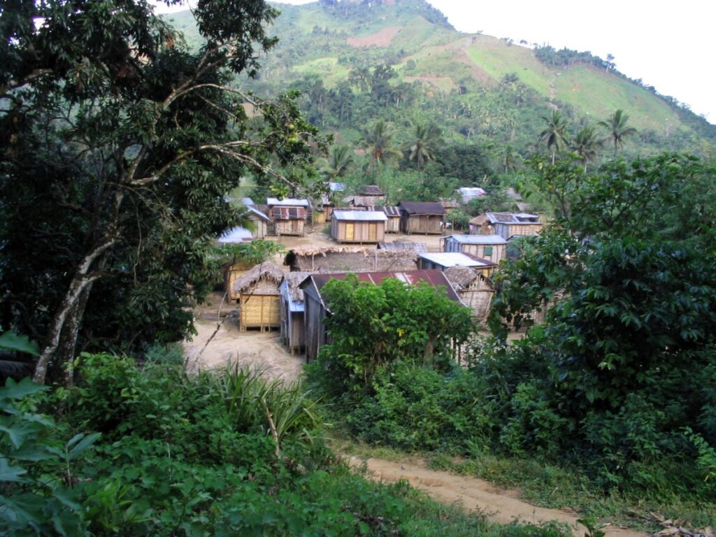 Tiny houses constructed of bamboo walls and thatch or metal roofs are clustered in a valley, surrounded by palm trees and green hills.